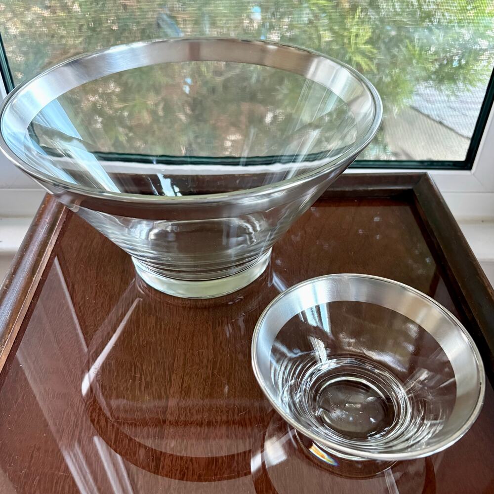 MCM Dorothy Thorpe 1960's Silver Band Glass Bowls Large & Small Chip and Dip Set